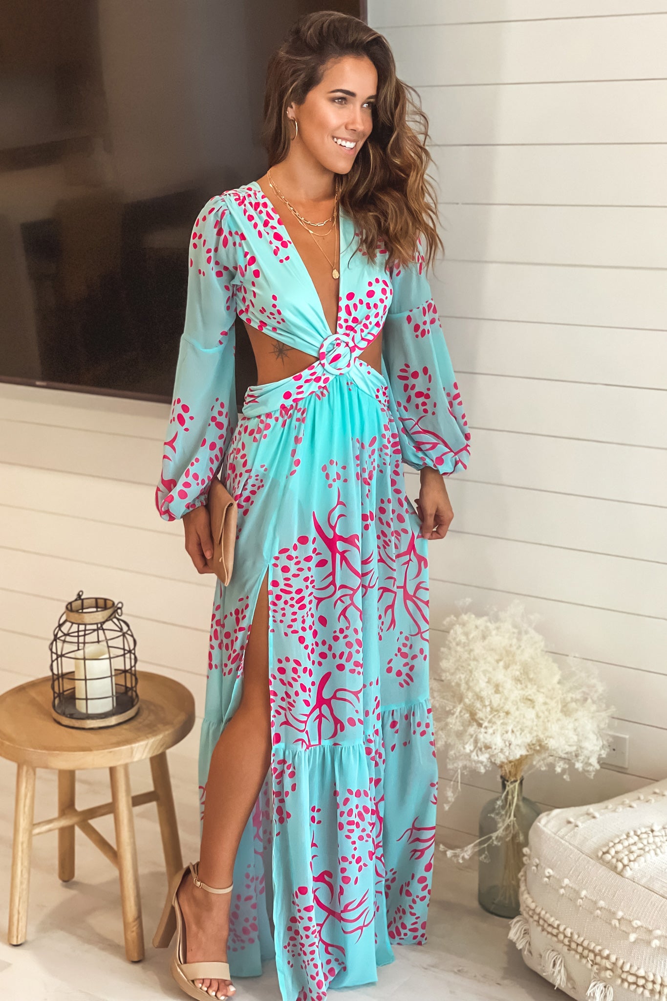 Turquoise And Pink Maxi Dress With Cut ...